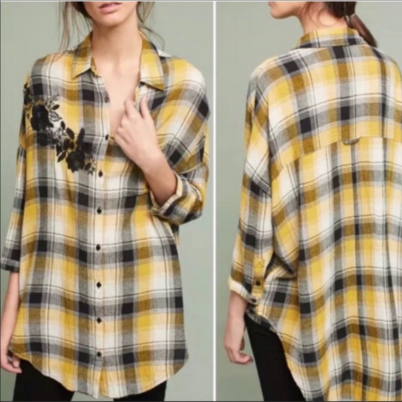 Anthropologie Tops - Anthropologie Maeve Floral Embroidered Plaid Oversized Button Down